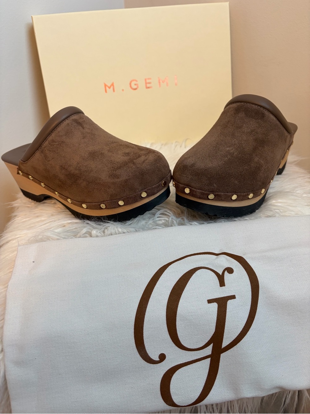 M. Gemi Chocolate Brown Suede Studded Clogs